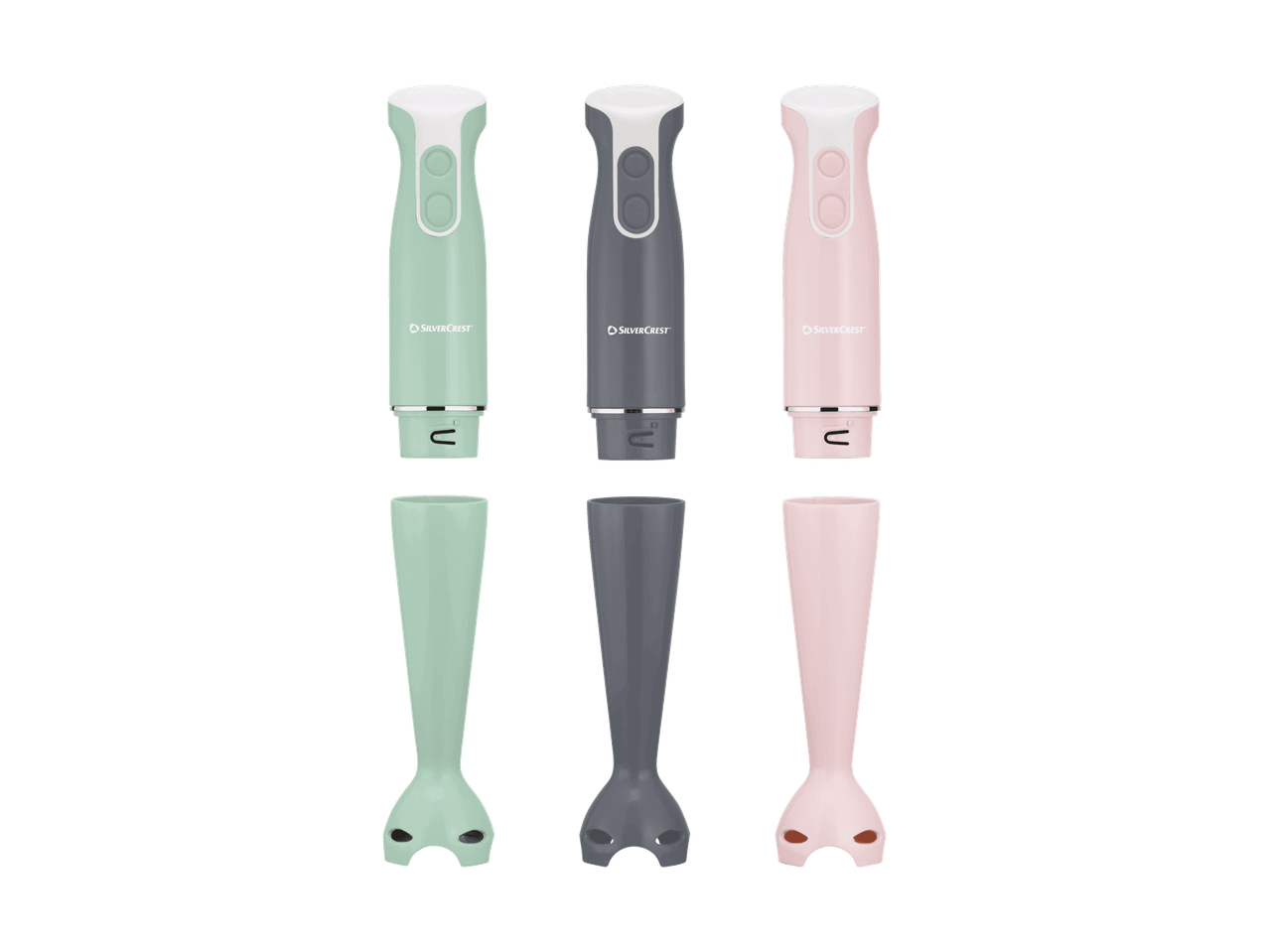Drei SilverCrest Stabmixer in Grün, Grau und Rosa.