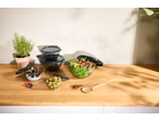 SILVERCREST® Glass Bowl Set with food, including salad, yogurt, and olives, on a wooden counter.