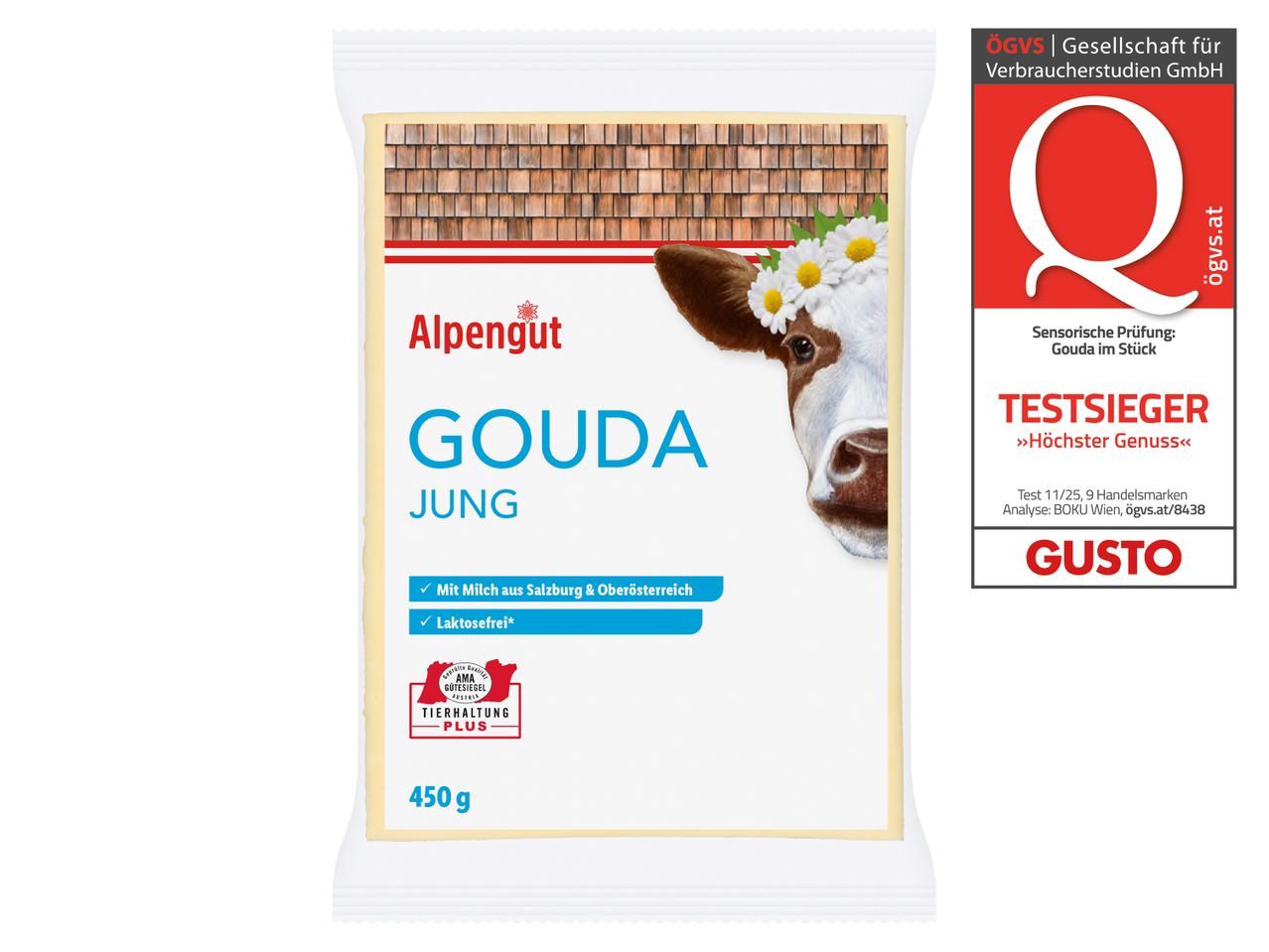 Alpengut Gouda Jung Käseverpackung mit Kuhmotiv und Auszeichnungen.
