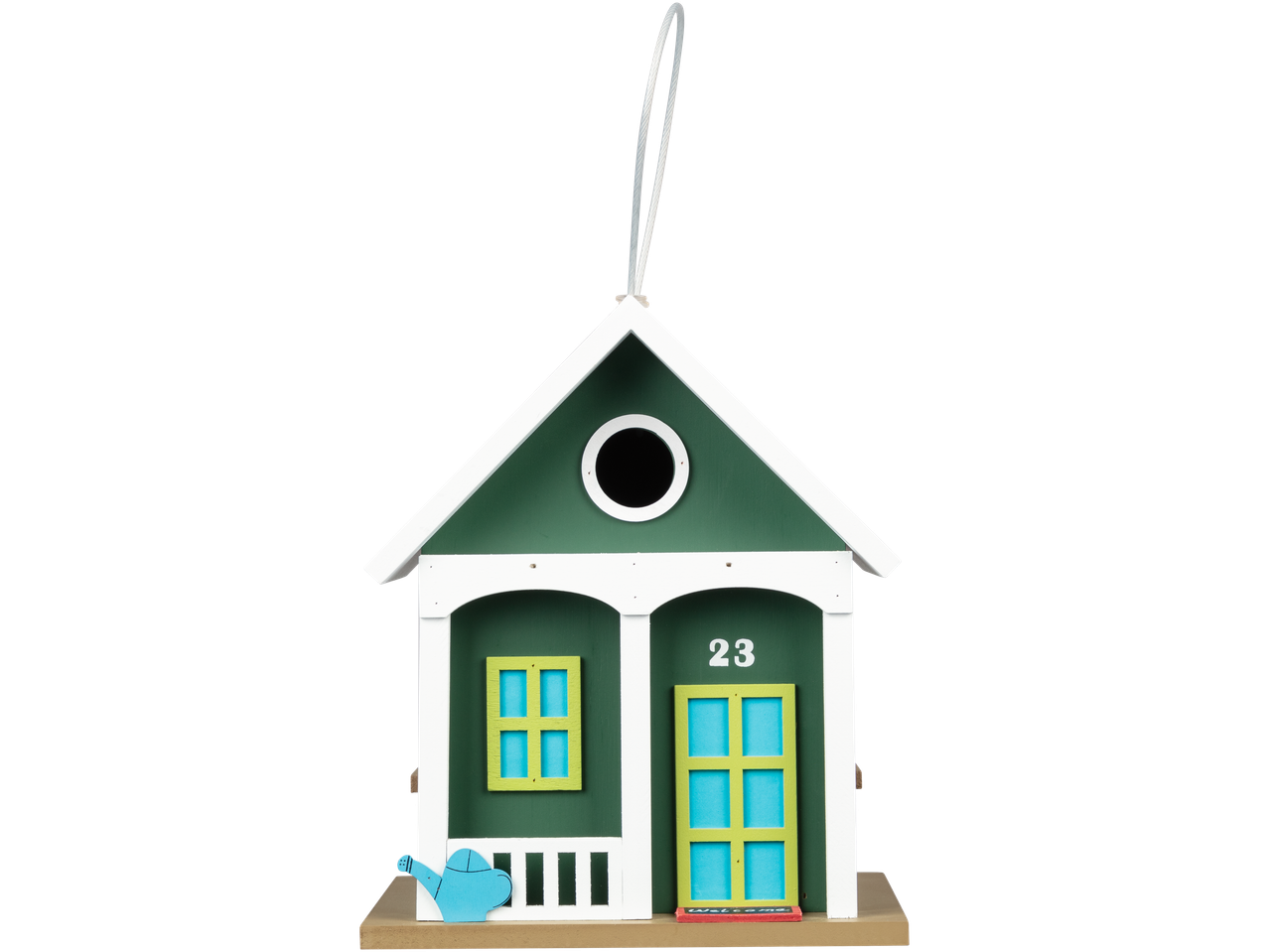 Green birdhouse with white and light blue details.