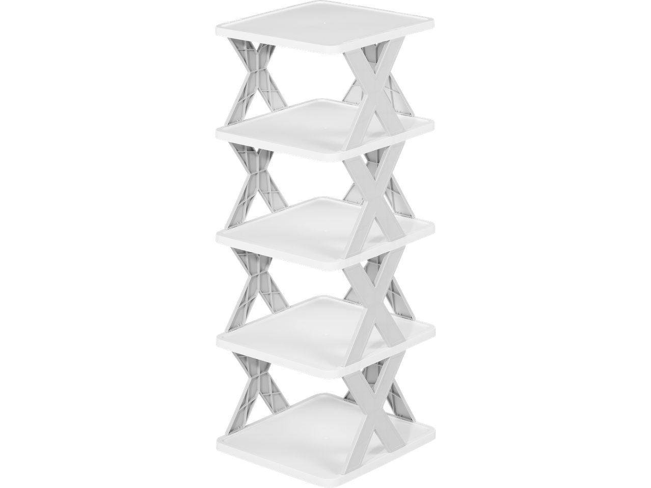 A five-tiered white plastic shelving unit with a gray X-shaped frame.