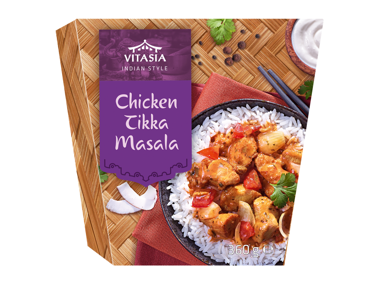 Vitasia Chicken Tikka Masala met rijst.