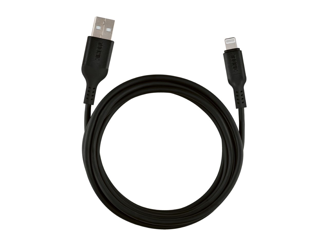 Black USB to Lightning charging cable, coiled in a circle.