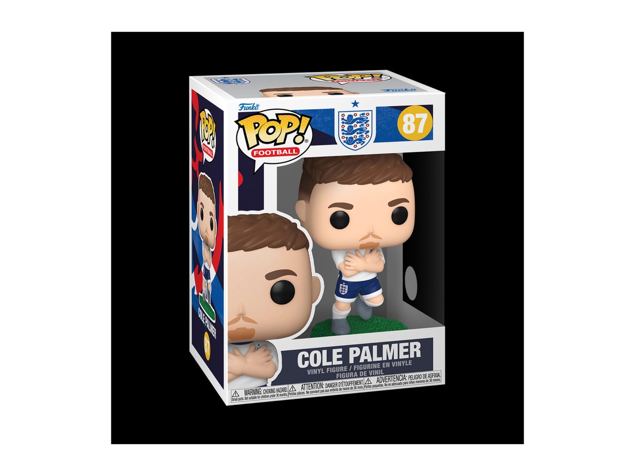 A Funko Pop! vinyl figure of footballer Cole Palmer in a white and blue kit.