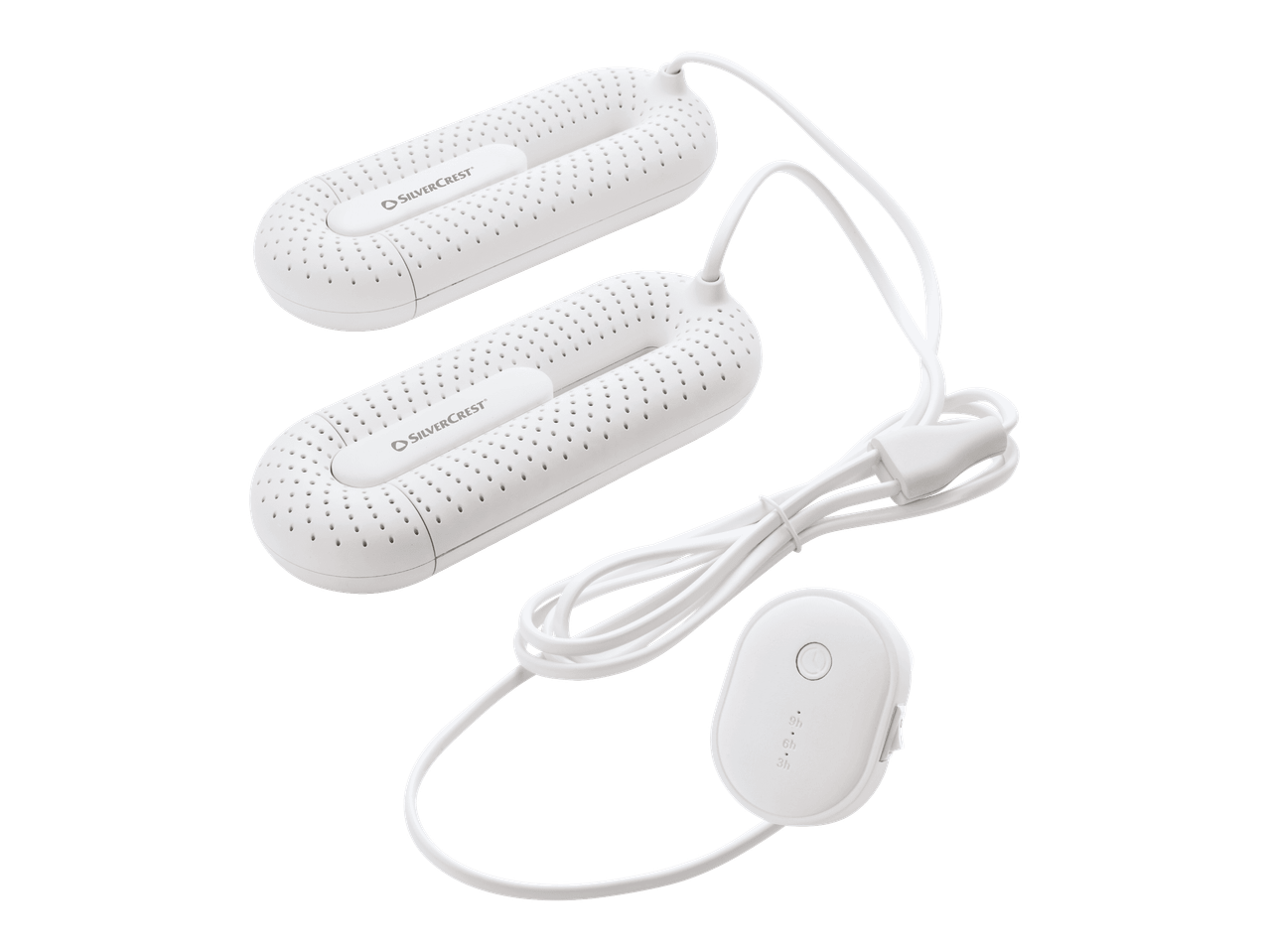 Silvercrest-kengänkuivain, jossa on kaksi kuivausosaa ja ohjausyksikkö.