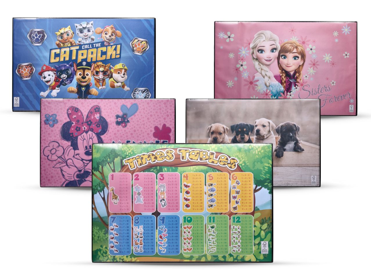 Školske podloge s likovima iz Paw Patroly, Frozena, Minnie Mouse i tablica množenja.