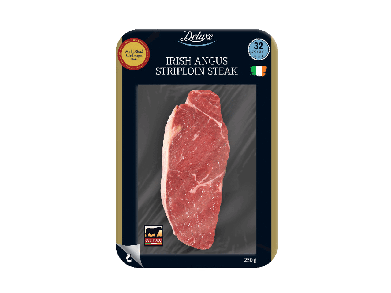 Pakendatud Iiri Anguse veiseliha striploin steik, kaaluga 250 g.