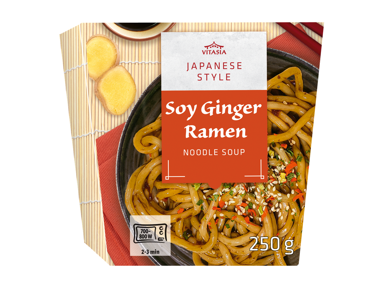 Vitasia sojasaus-gember ramen noedelsoup, Japanse stijl.