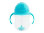 A turquoise and clear baby sippy cup with handles and a straw, isolated on a white background.