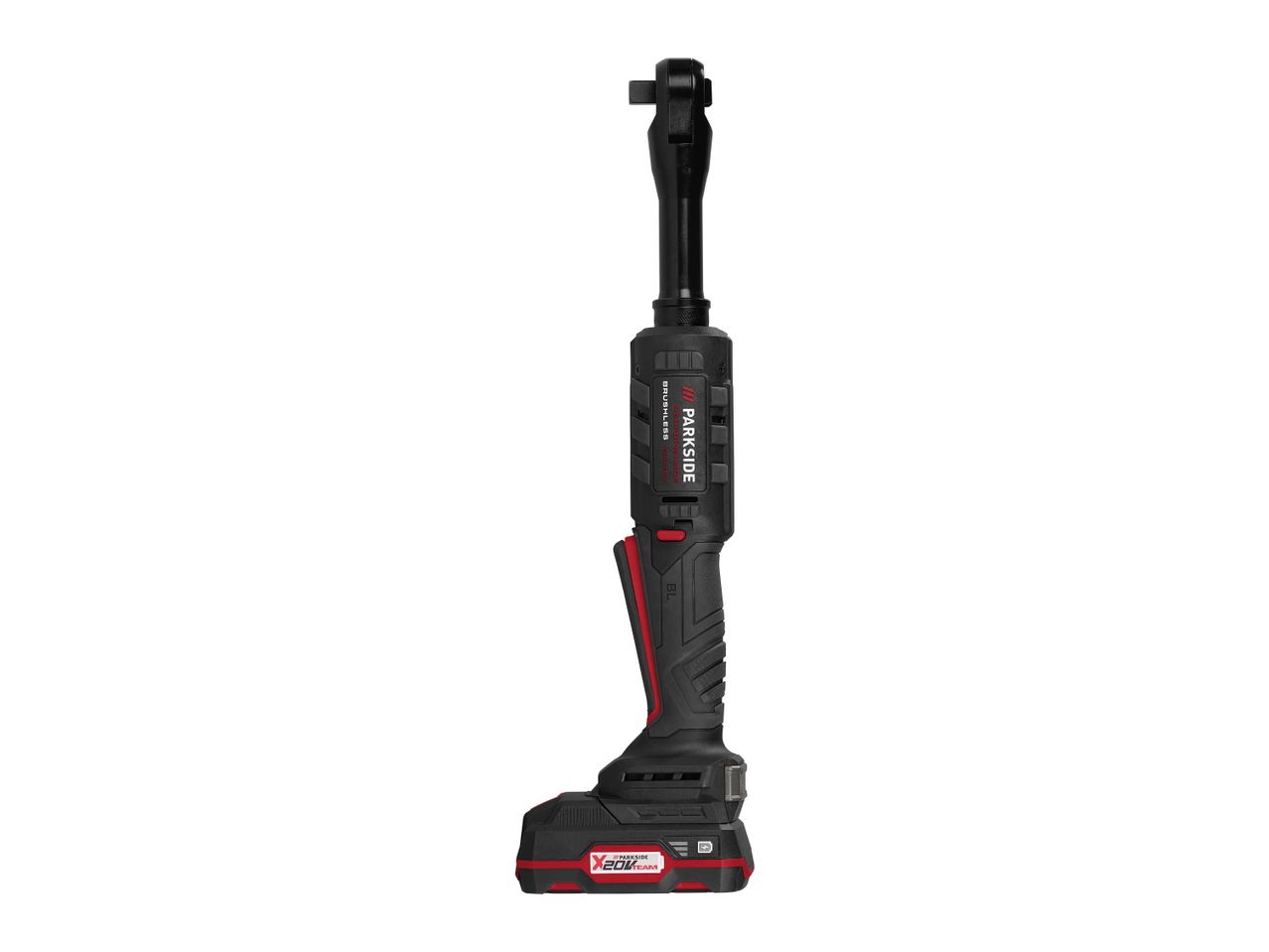 Black and red cordless ratchet wrench with a battery pack