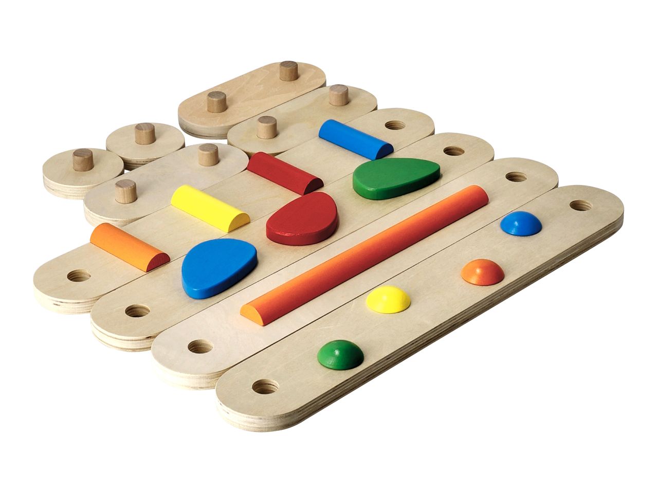 Wooden puzzle with colorful geometric shapes and pegs on a white background.