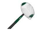 Nut gatherer with a green handle and a wire basket