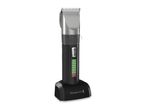 Hair clipper with a charging dock, featuring a battery level indicator and adjustable cutting length.