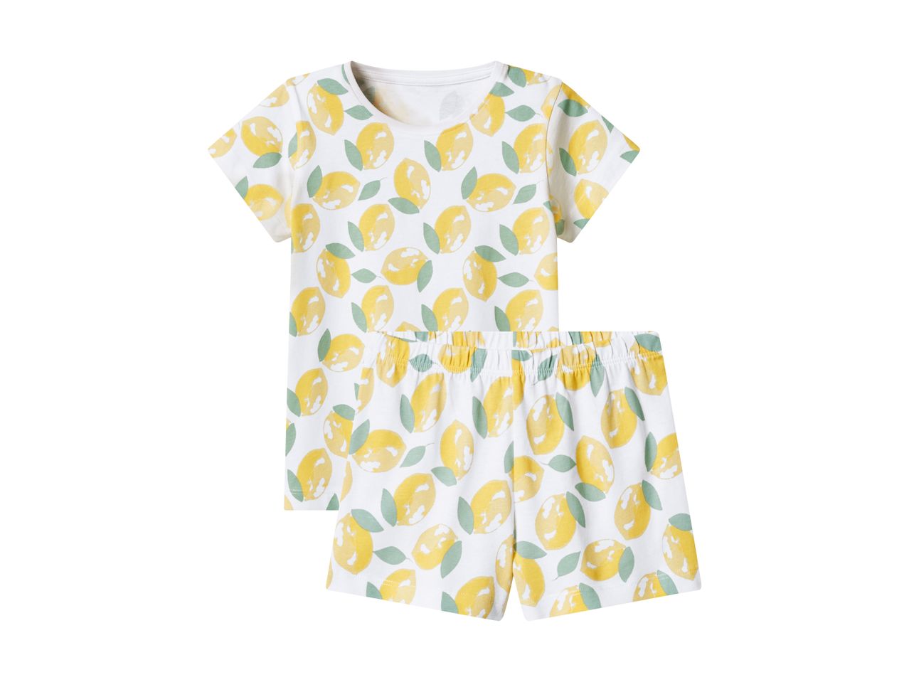 Hvidt pyjamassæt med citronprint til børn, bestående af en T-shirt og shorts.