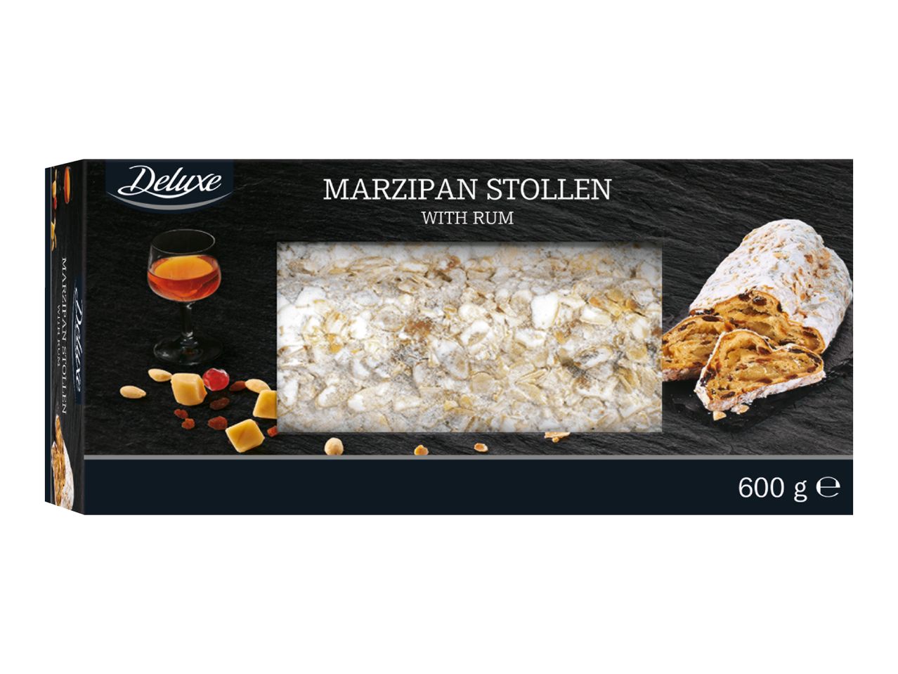 Deluxe Marzipan Stollen with Rum, 600g, with a glass of rum and ingredients.
