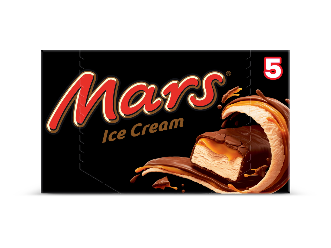 Zwarte verpakking met ijsrepen met chocolade en karamel, met het nummer 5.