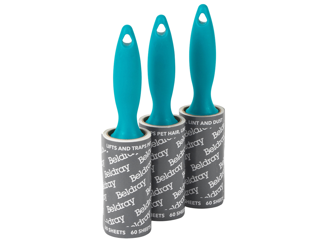 Три ролки за почистване на мъх Beldray с тюркоазени дръжки и 60 листа.