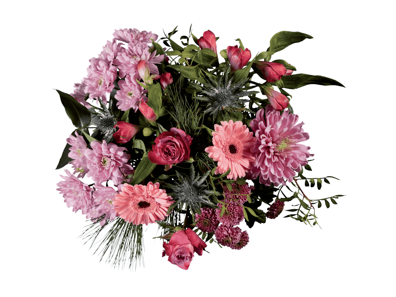 Ein festlicher Blumenstrauß mit rosa Chrysanthemen, Gerbera, Rosen und Disteln.