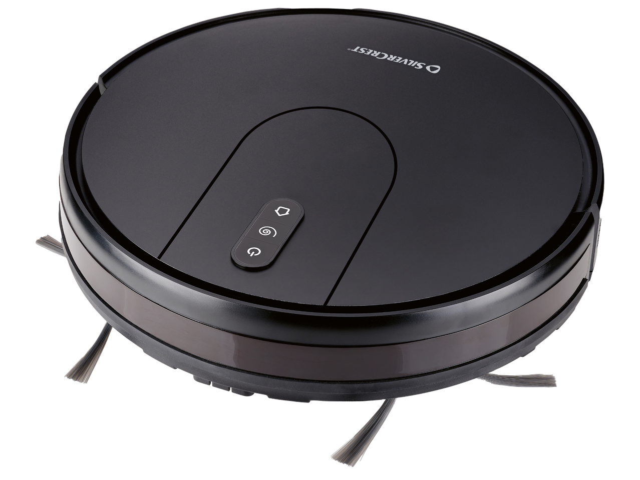 Робот прахосмукачка Silvercrest в черен цвят с контролен панел отгоре.