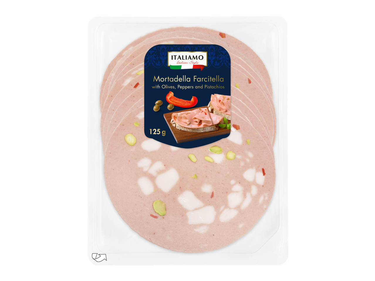 ITALIAMO Mortadella Farcitella cu măsline, ardei și fistic, 125g