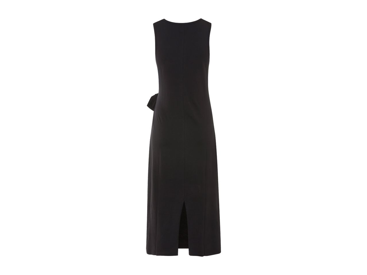 Black sleeveless midi dress with a side slit and bow detail.