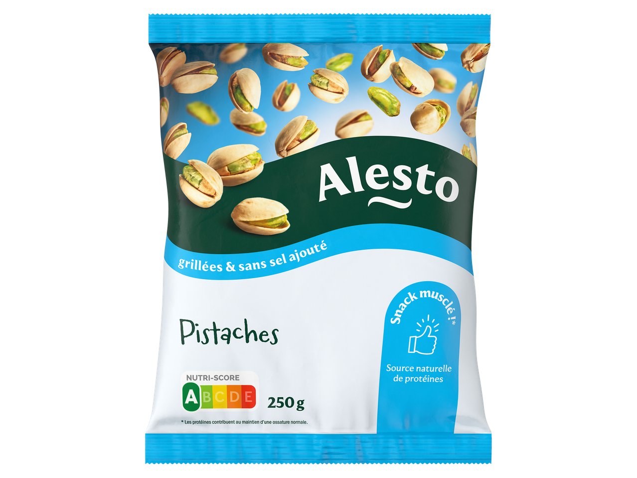 Sachet de pistaches grillées et sans sel ajouté, avec Nutri-Score A et la mention 'Snack musclé'.
