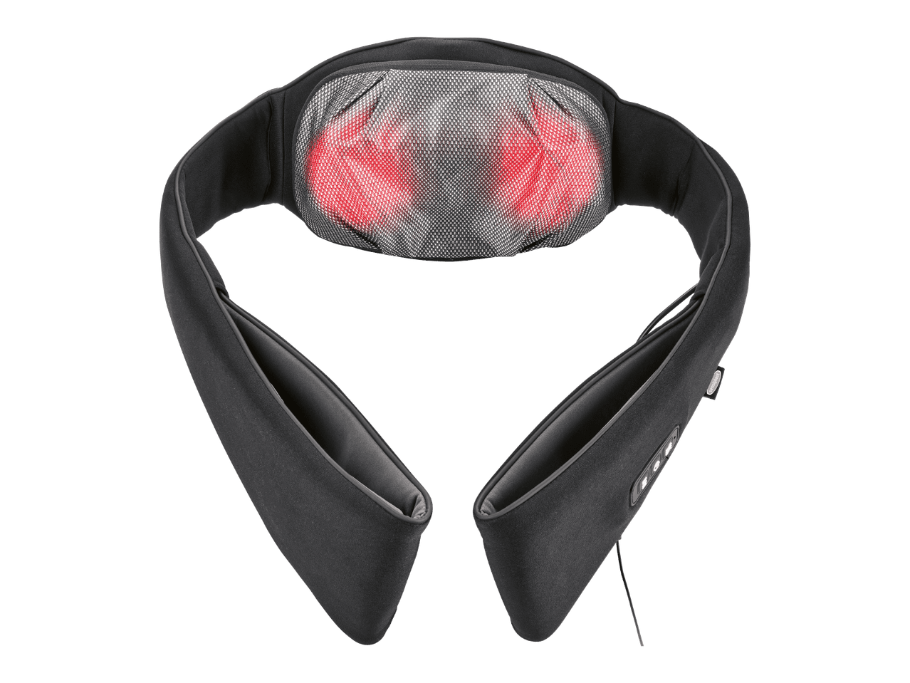 Musta niskahierontalaite, jossa on punaisena hehkuvat hierontapäät ja ohjauspainikkeet sivussa.