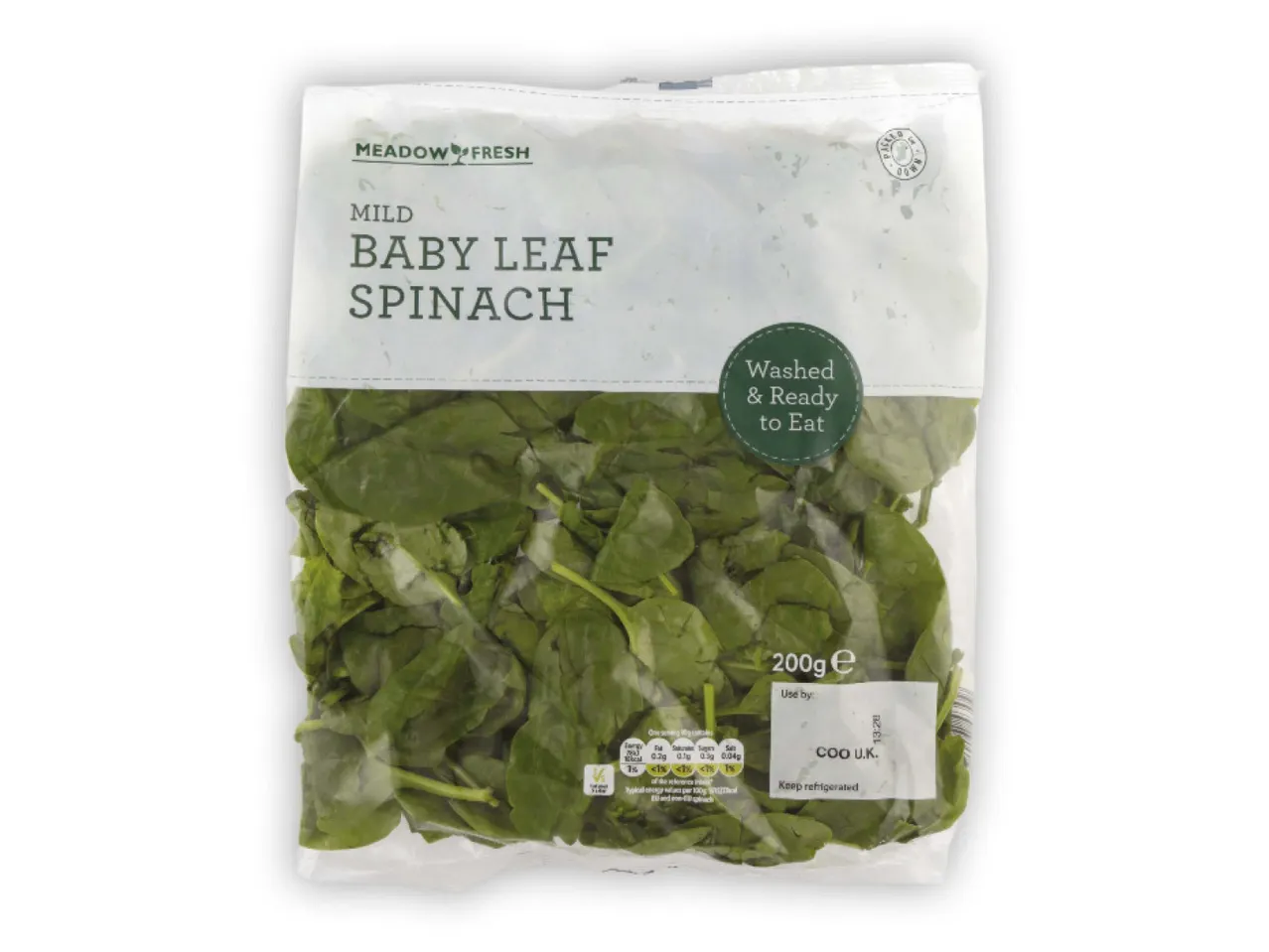 Meadow Fresh baby leaf spinach: 200g, washed and ready to eat.
