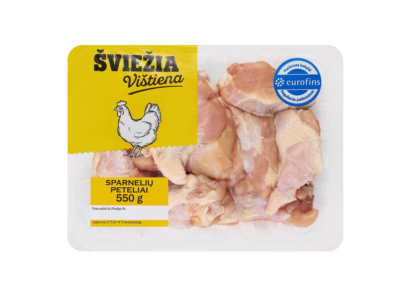 Pakuotė su šviežiais vištienos sparneliais ir „Eurofins“ kokybės ženklu.