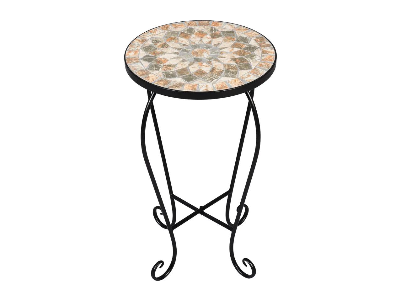 Round mosaic plant stand with a black wrought iron frame and curved legs