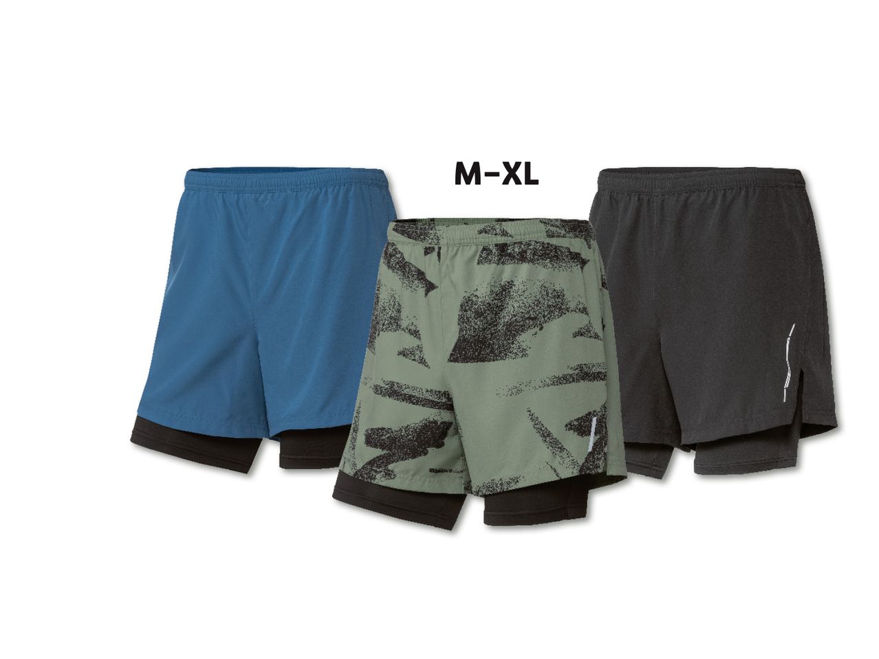 Kolm meeste spordipüksid suuruses M-XL: sinine, roheline mustriga ja must.
