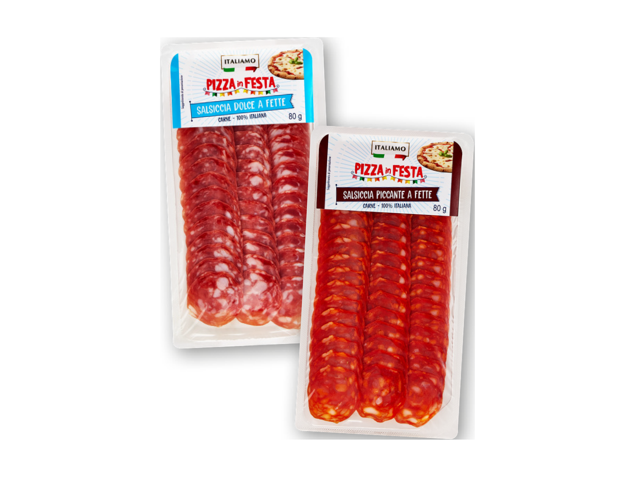 Two packs of Italiamo Pizza in Festa sliced salami: sweet and spicy, both 80g.