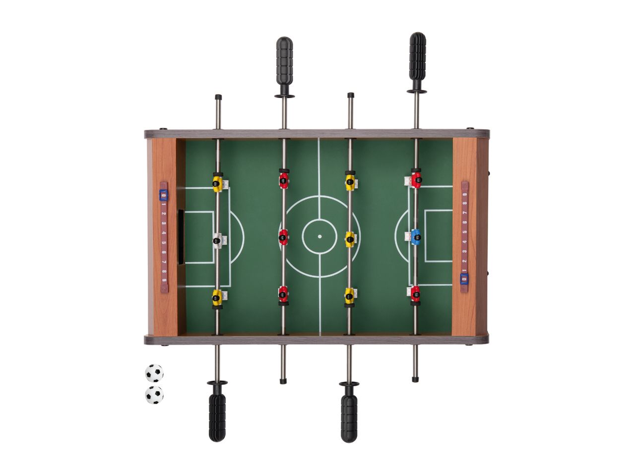 Tabletop foosball game with two soccer balls, top-down view.