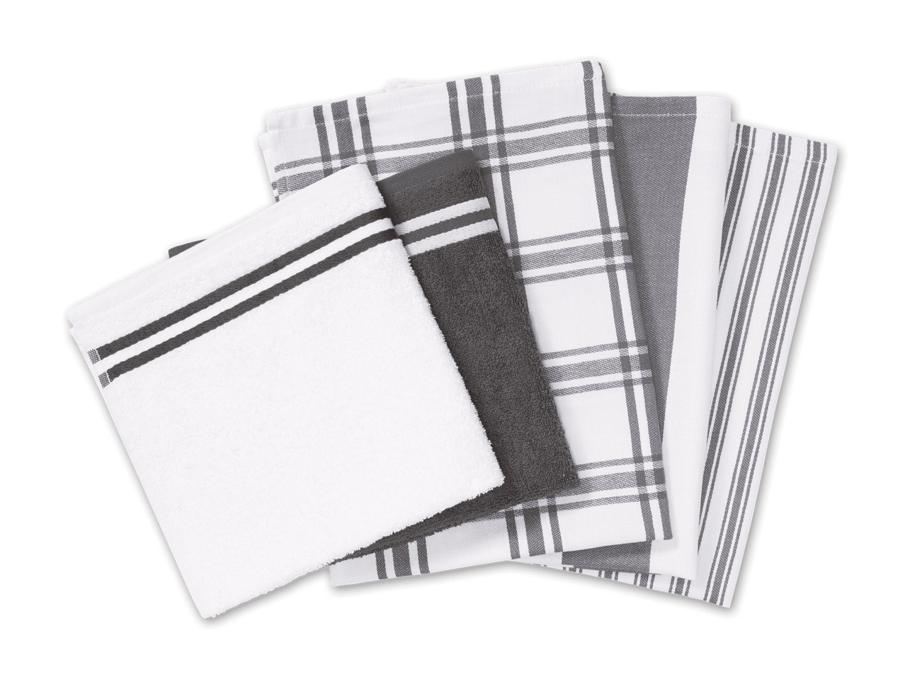 Graue und weiße Geschirrtücher mit Streifen und Karomuster