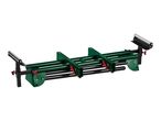 Green and black roller stand for woodworking, with adjustable supports and rollers.