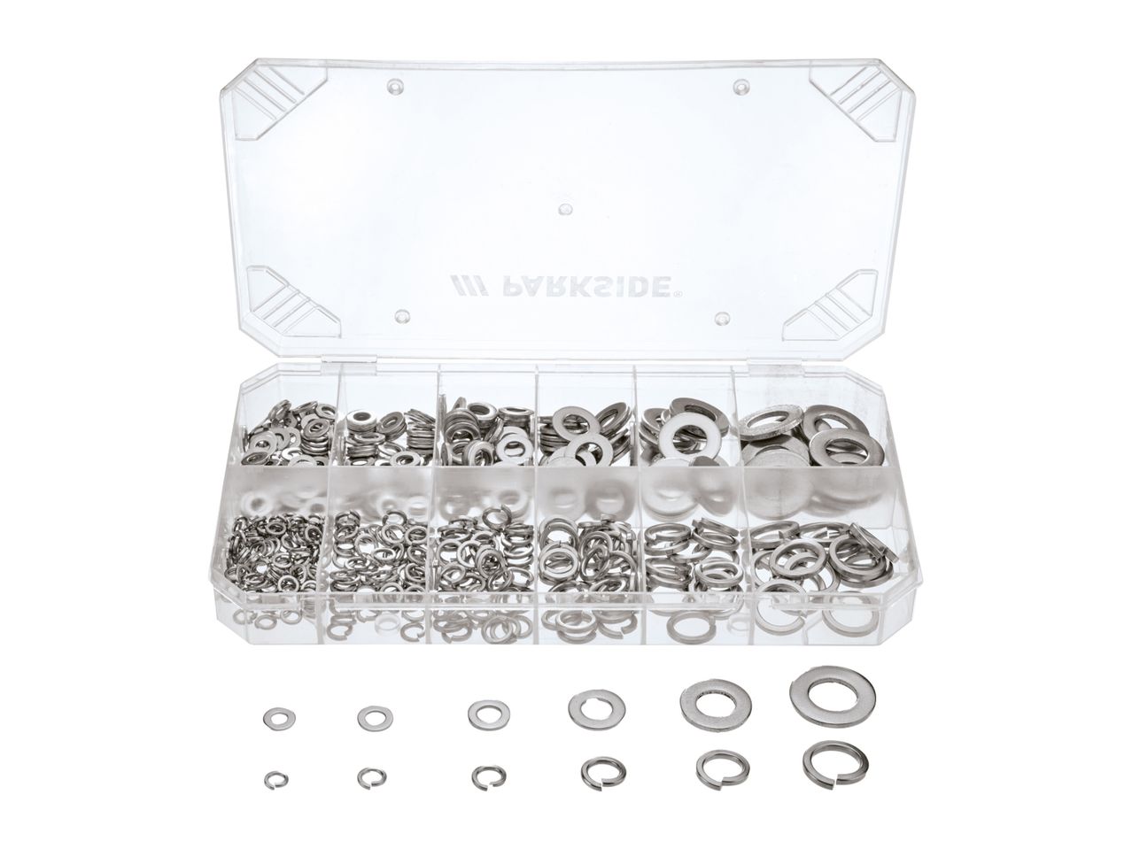 Parkside washers assortment in a clear plastic box.