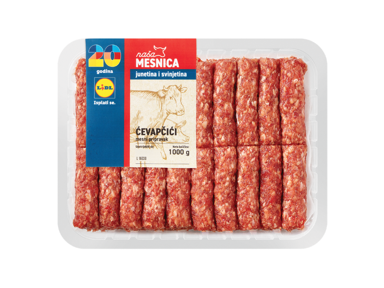 Pakiranje ćevapčića od junetine i svinjetine, 1000 g.
