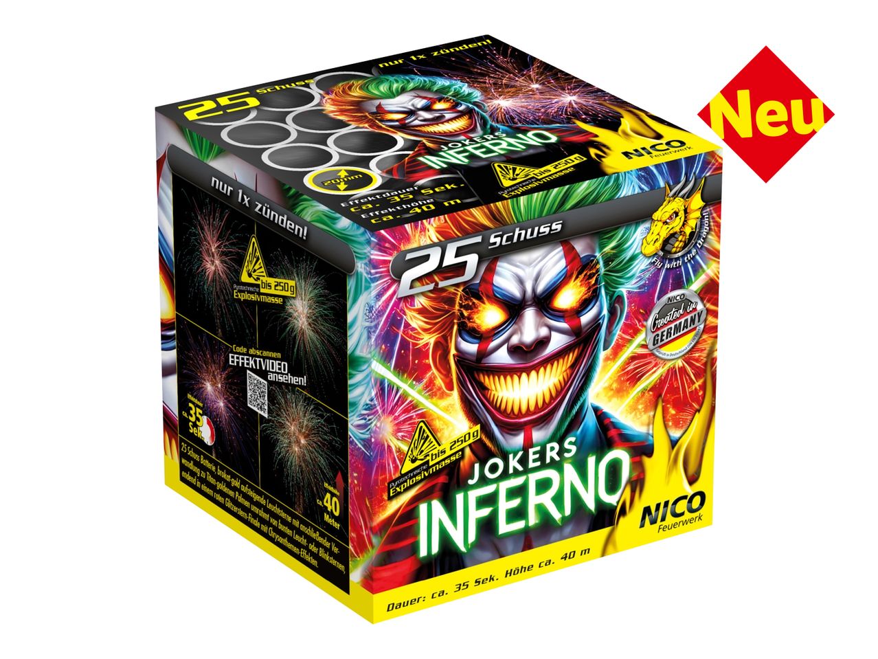 NICO Feuerwerk Jokers Inferno Batterie mit 25 Schuss und einer Effektdauer von 35 Sekunden.