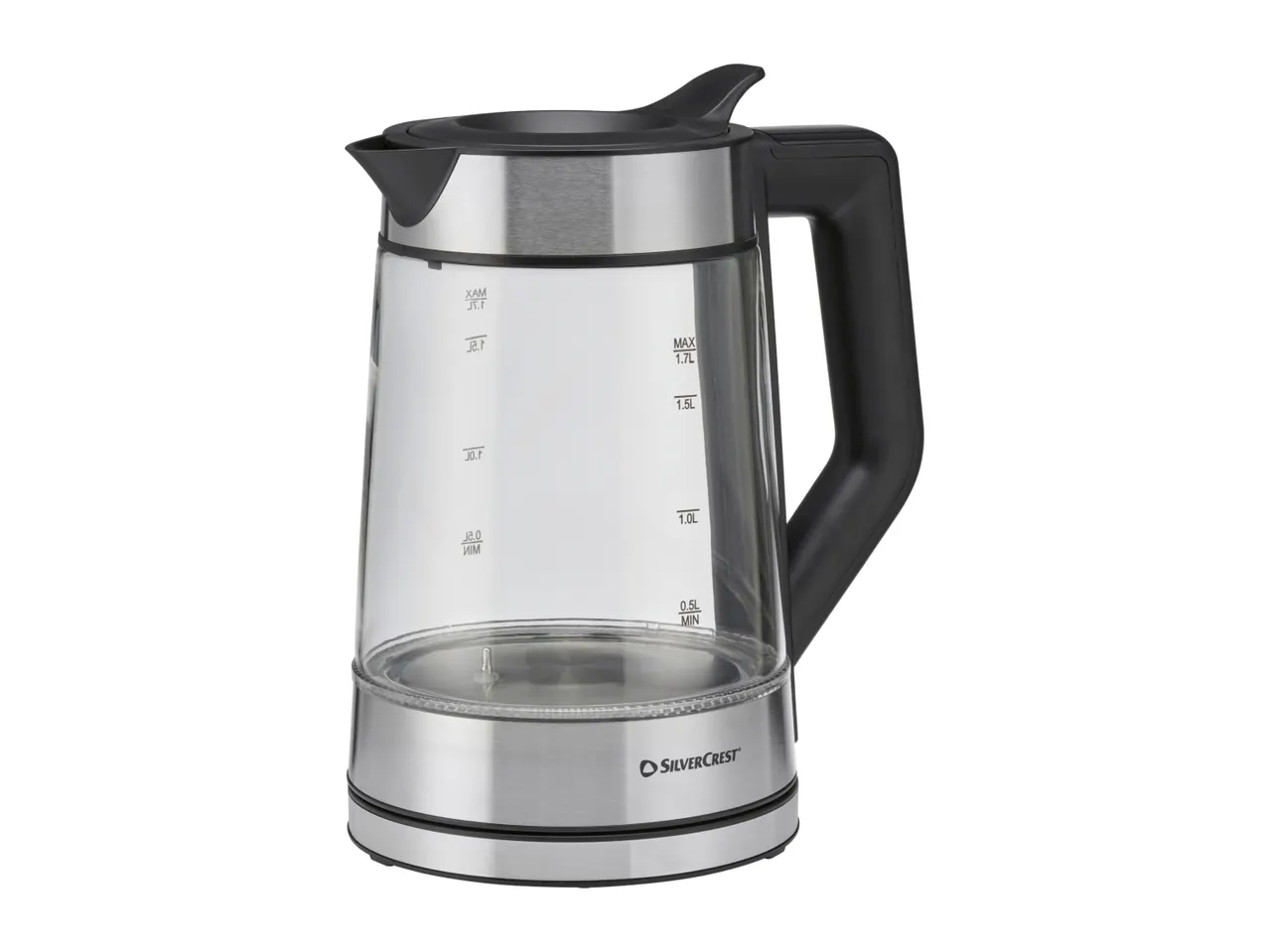 SilverCrest glass kettle with stainless steel base and black handle, showing 0.5L to 1.7L markings.