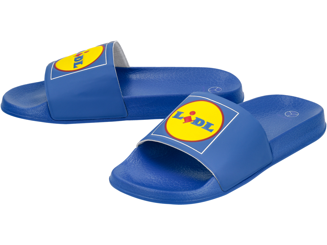Blue Lidl sliders with the Lidl logo on the strap.