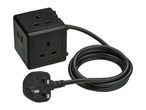 Tronic black cube extension lead with three UK sockets and a coiled cable.