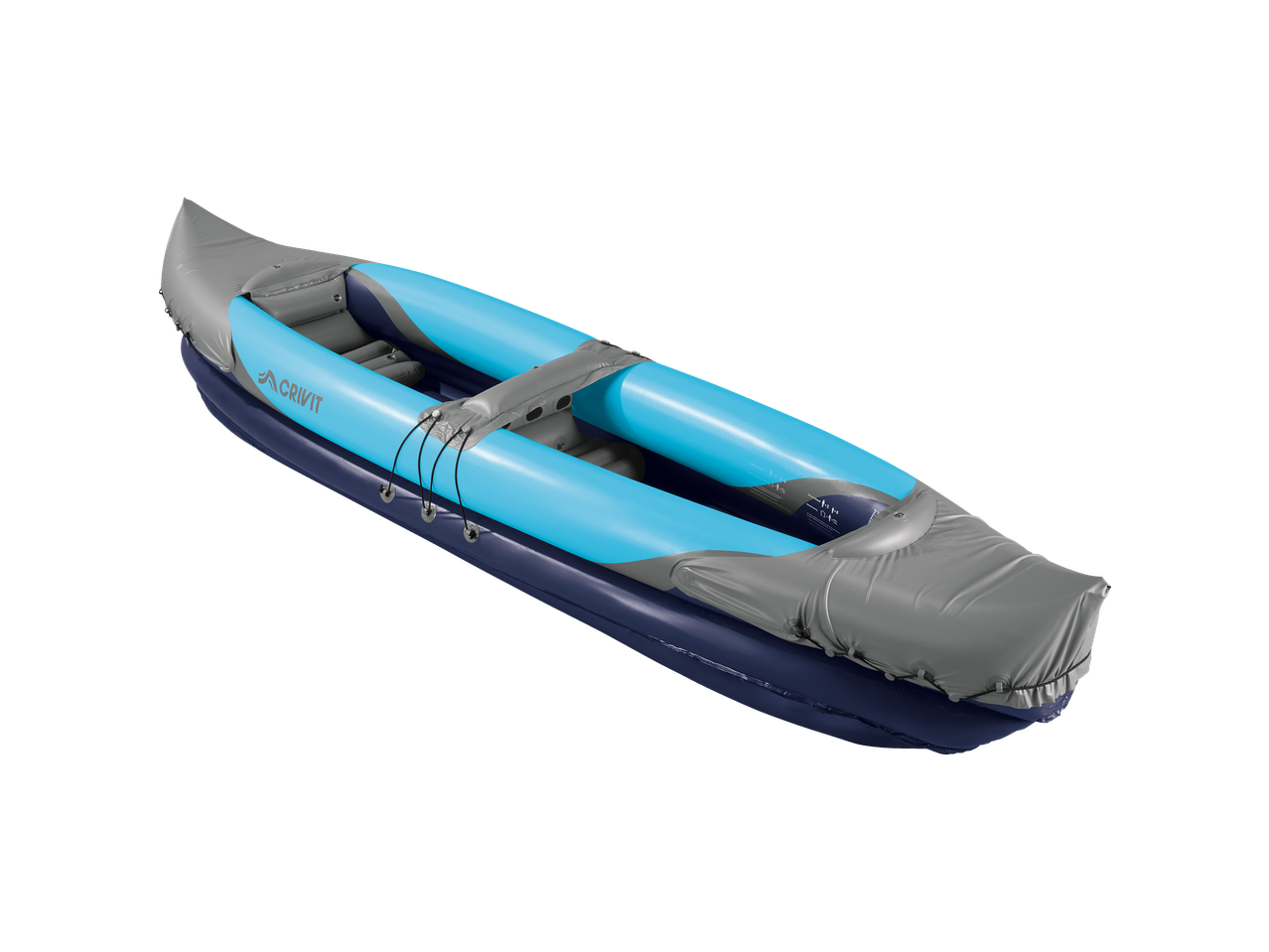 Inflatable two-person kayak in blue and grey with black bungee cords.