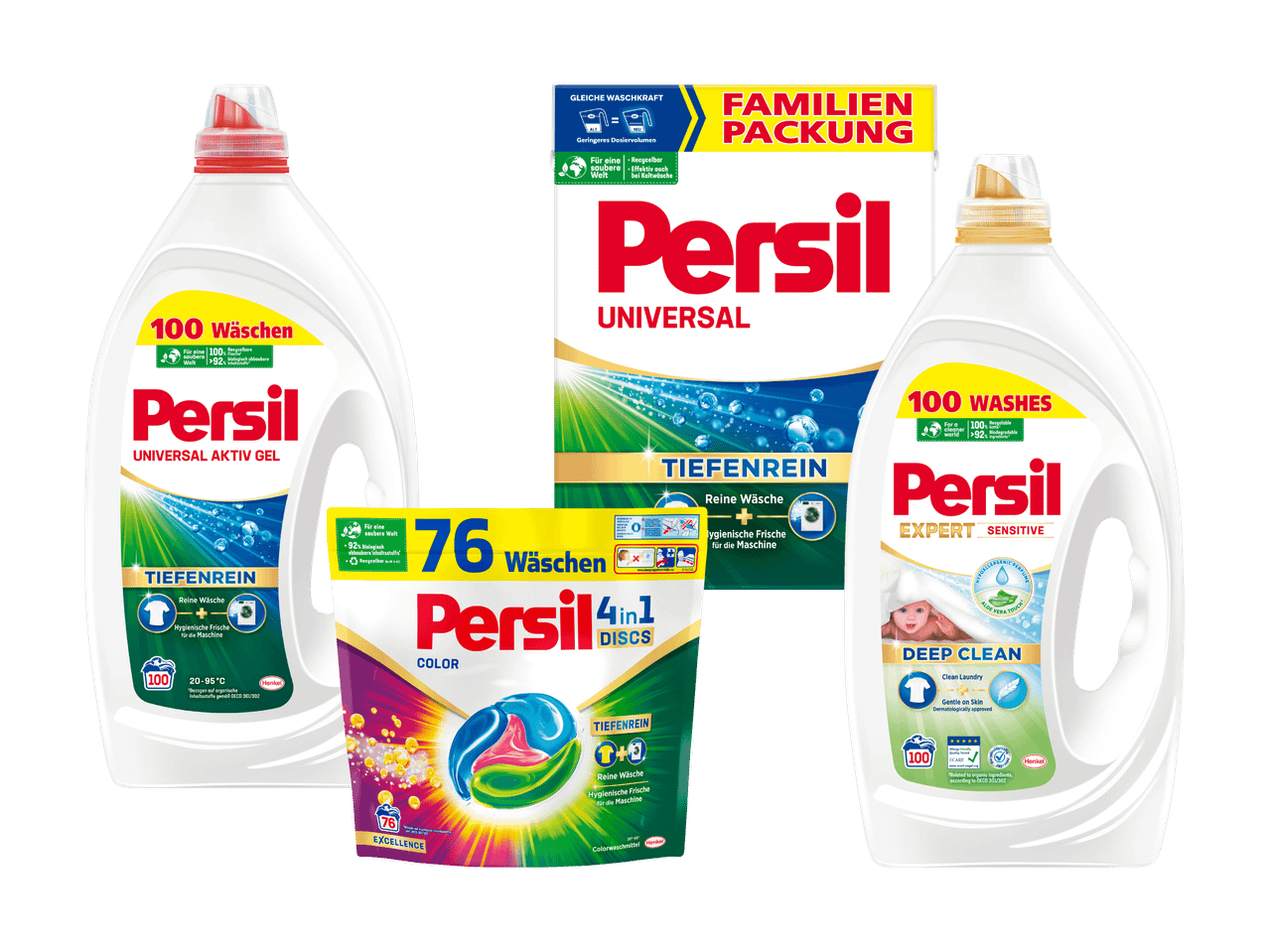 Persil Waschmittel: Flüssigwaschmittel und Pulver in verschiedenen Ausführungen.