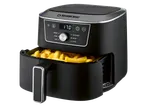 Black air fryer with a digital display showing 170 degrees, filled with golden fries.