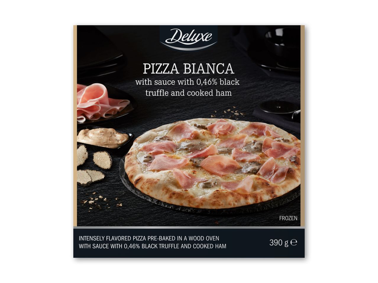 Deluxe Pizza Bianca med sort trøffel og kogt skinke, 390g.