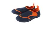 Kids' neoprene water shoes, navy blue with orange accents.