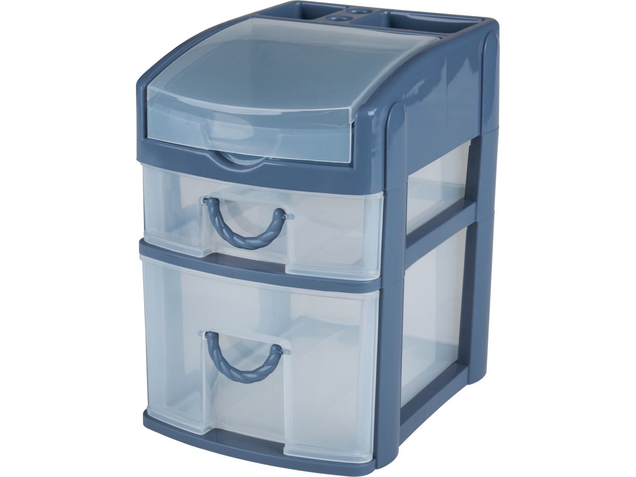 A three-drawer plastic storage unit with a translucent top drawer.