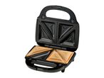 Open sandwich maker with two toasted sandwiches inside, on a white background.