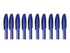 Ten blue ballpoint pens arranged in a row.