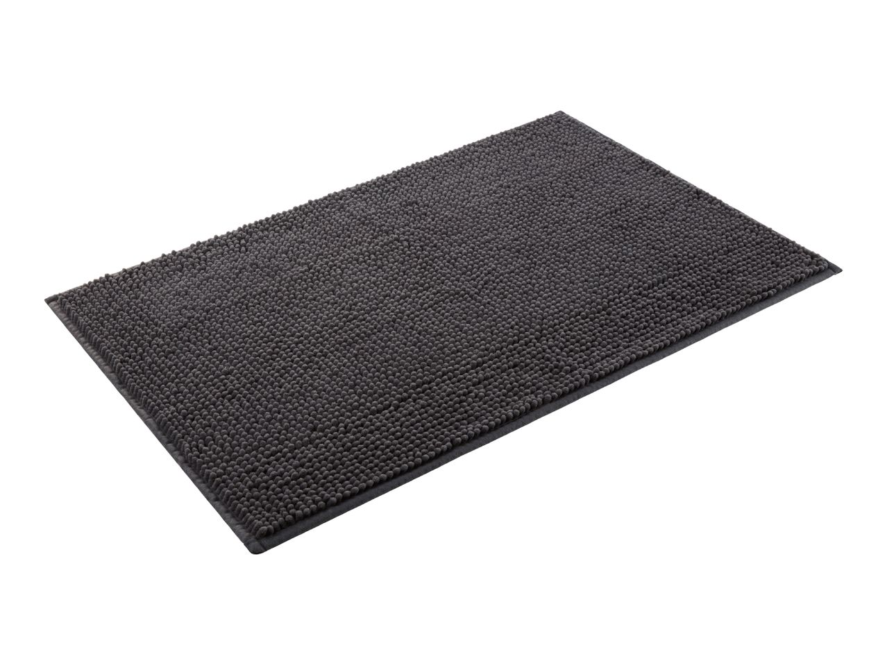 A dark gray bath mat with a textured surface.